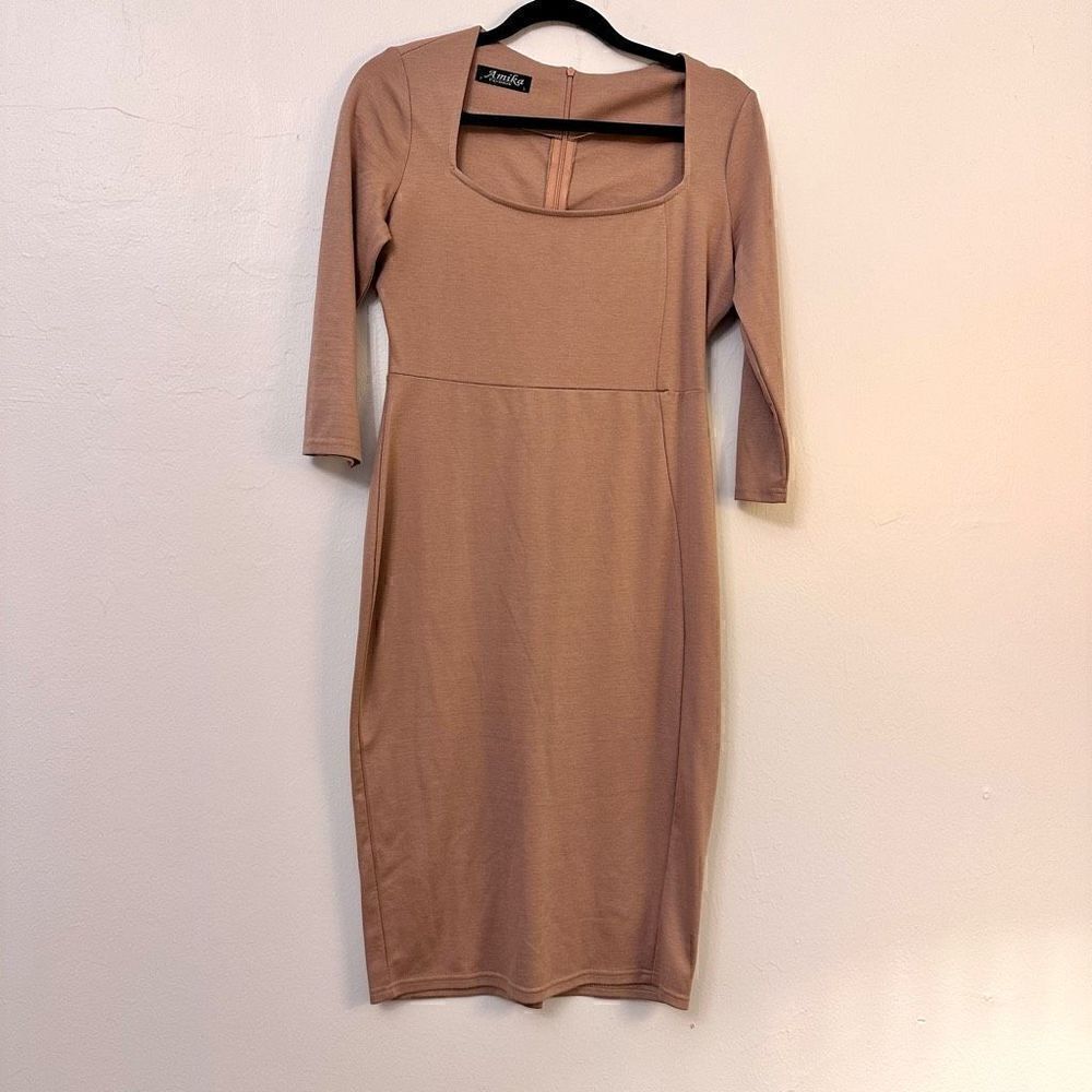 Amika Fashion Womens Square Neck 3/4 Sleeve Sheath Work Midi Dress Camel Large